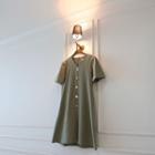 V-neck Linen Blend Dress Khaki - One Size