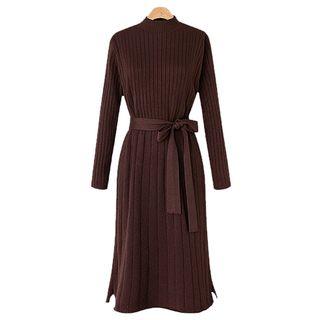 Long-sleeve Sashed Knit Midi Dress