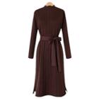 Long-sleeve Sashed Knit Midi Dress