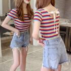 Tie-back Rainbow Striped Short-sleeve T-shirt