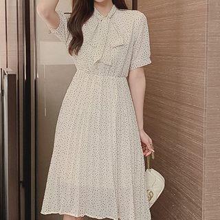 Short-sleeve Tie-neck Dotted Midi Chiffon Dress