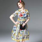 Printed Short-sleeve Midi A-line Dress