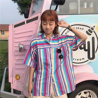 Striped Loose-fit Short-sleeve Shirt As Figure - One Size
