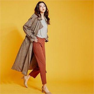 Loose-fit Plaid Trench Coat With Belt Brown - One Size