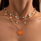 Set Of 3: Beaded Necklace + Pendant Necklace Set Of 4 Pcs - Orange & White & Gold - One Size