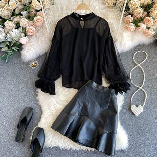 Set : Camisole Top + Mesh Puff-sleeve Chiffon Top + Faux Leather Skirt