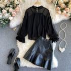 Set : Camisole Top + Mesh Puff-sleeve Chiffon Top + Faux Leather Skirt