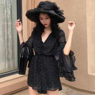 Long-sleeve V-neck Frill Trim Dotted Playsuit
