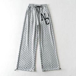 Plaid Lettering Print Drawstring Wide-leg Pants