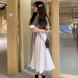 Short-sleeve Paneled Knit A-line Midi Dress