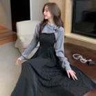 Spaghetti-strap Lace Panel Midi A-line Dress / Buckled Shrug / Set