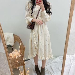 Polka Dot Crewneck Lettuce Edge High-waist A-line Puff-sleeve Dress