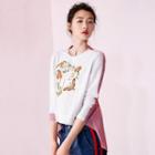 Butterfly Embroidered Stripe Panel Long-sleeve T-shirt