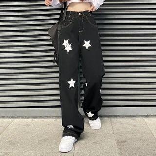 Star Embroidered Loose Fit Jeans