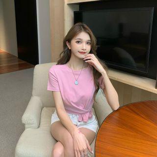 Round-neck Plain Asymmetrical Cropped Top