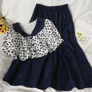Set: Colorblock Printed Crop Shirt + Midi Skirt