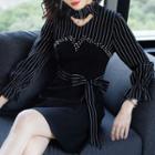 Choker-neck Striped Panel Long-sleeve A-line Dress