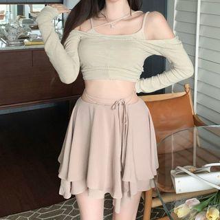 Long-sleeve Crop Top / Camisole Top / Tie-waist Mini A-line Skirt