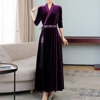 Long-sleeve Embroidered Tie-waist Maxi A-line Dress