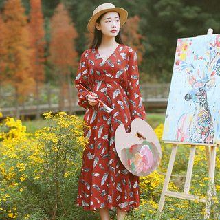 Feather Print Long Sleeve Midi Dress