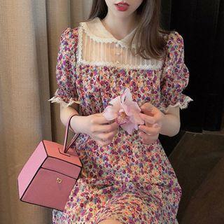Lace Panel Short-sleeve Floral Mini A-line Dress