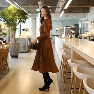 Tie-waist Midi Accordion-pleat Dress