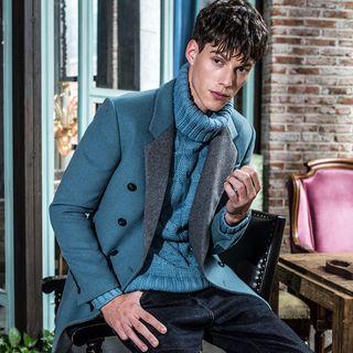 Double-buttoned Contrast Lapel Woolen Coat