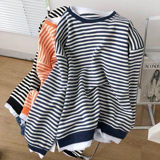 Mock Two-piece Long-sleeve Striped Sweatshirt