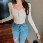 Long-sleeve Lace-up Cropped Knit Top Almond - One Size