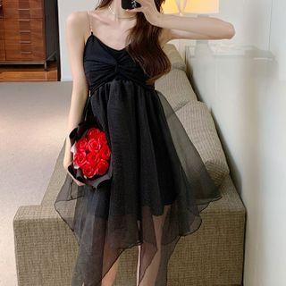 Spaghetti-strap Asymmetrical Mesh Panel A-line Dress