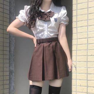 Puff-sleeve Bow Shirt / Pleated A-line Skirt / Bow Tie / Set