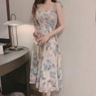 Sleeveless Floral Midi A-line Dress Grayish Blue - One Size