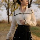 Set: Long-sleeve Button Knit Top + Velvet Midi A-line Skirt