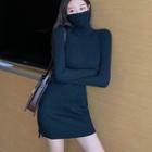 Turtleneck Long-sleeve Mini Knit Sheath Dress Black - One Size
