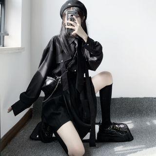 Plain Long-sleeve Shirt / Plain Pleated Mini Skirt