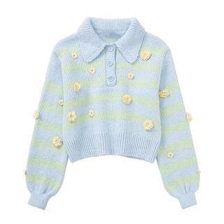 Flower Accent Cropped Polo Sweater