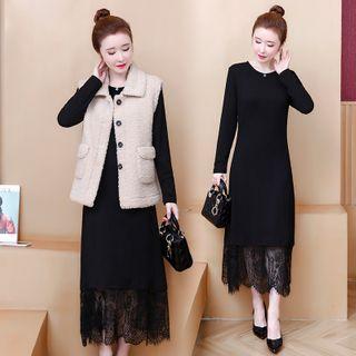 Lace Hem Knit Midi Sheath Dress / Single-breasted Fleece Vest