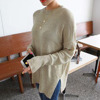 Drop-shoulder Slit-hem Knit Top Khaki - One Size