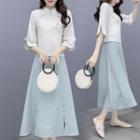 Set Of 2 - Stand-collar Embroidered Top + Embroidered A-line Maxi Skirt