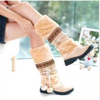 Fleece-lining Pompom Stitched Mid-calf Boots