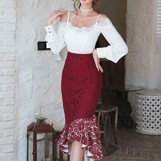 Set: Cold-shoulder Long-sleeve Lace Trim Top + Midi Mermaid Lace Skirt