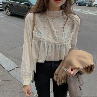 Long-sleeve Floral Embroidered Mock-neck Blouse