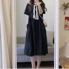 Set: Short-sleeve Plain Midi Dress + Lace Shawl