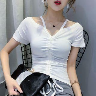 Short-sleeve Cutaway-shoulder Plain Top