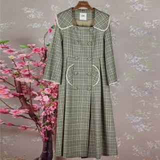 Plaid 3/4-sleeve Double-breasted Coat Dress