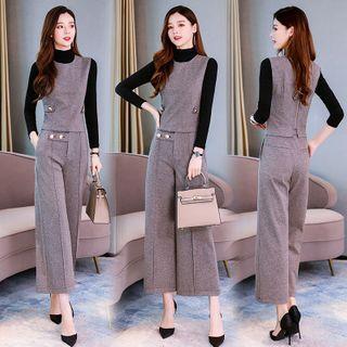 Set: Long-sleeve Mock-neck Top + Vest + Wide-leg Pants