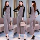 Set: Long-sleeve Mock-neck Top + Vest + Wide-leg Pants