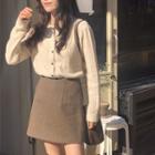 Long-sleeve Cable Knit Cardigan / Plain A-line Mini Skirt