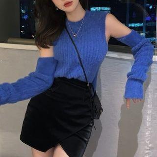 Plain Knit Tank Top With Arm Sleeves Blue - One Size