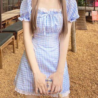 Puff Sleeve Lace-panel Plaid Mini Dress
